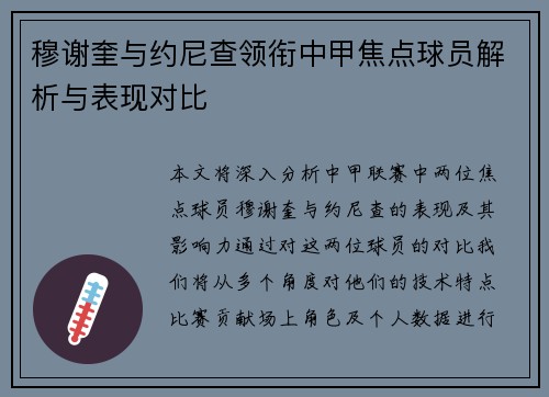 穆谢奎与约尼查领衔中甲焦点球员解析与表现对比