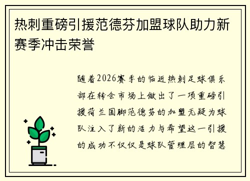热刺重磅引援范德芬加盟球队助力新赛季冲击荣誉